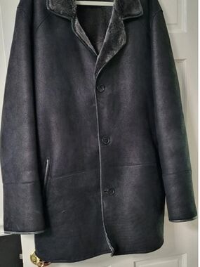 Men's Black Shearling Button Front Coat. XXL. Dark Grey